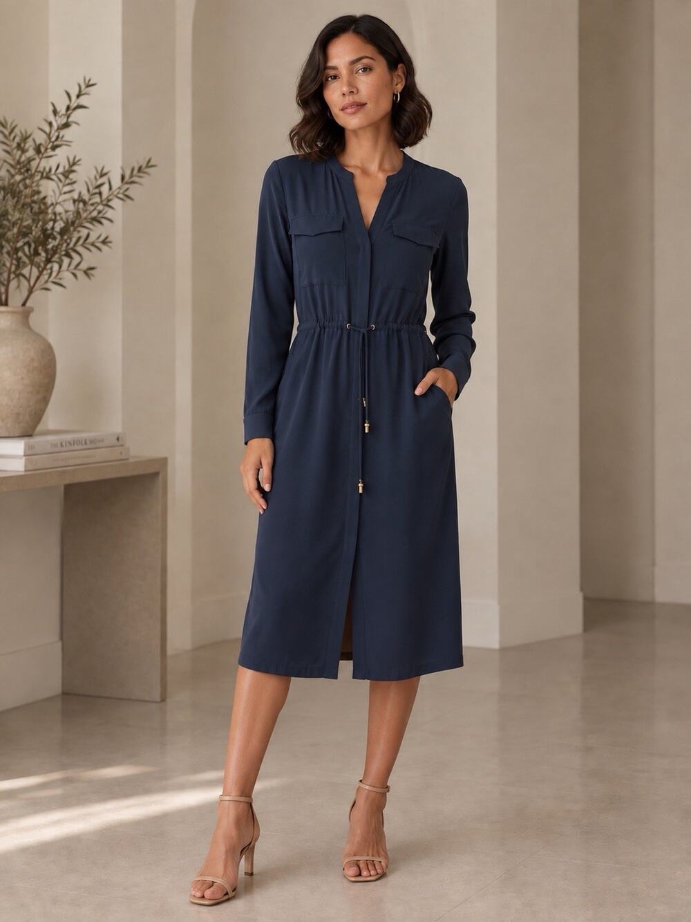 NWT H&M Navy Blue Utility Drawstring Shirt Dress Size 4